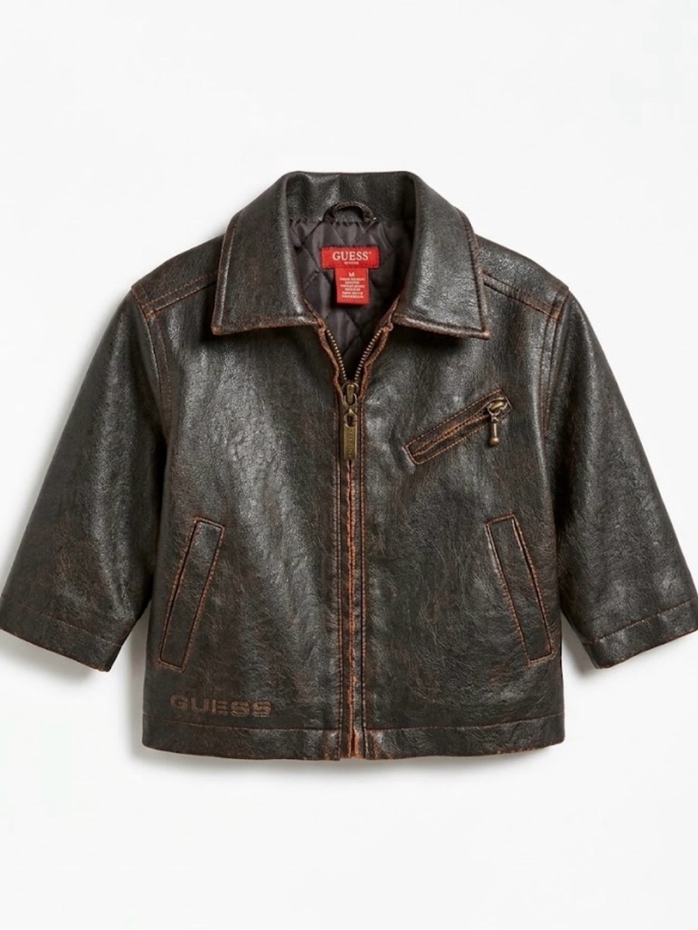 GUESS Brown Faux Leather Kids Jacket with Zip Pocket